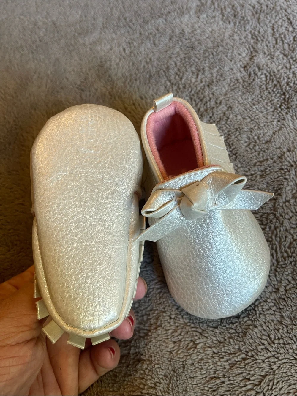 Carter's Metallic Cream Moccasins with Pink Interior and Bow Detail